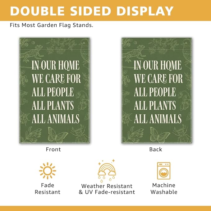 In Our Home We Care for All People Plants Animals Garden Flag, Double Sided Yard Outdoor Farmhouse Lawn Porch Decor Banner, Ally Yard Flag, Inclusive Gifts For Family Friend Plant Animal Lover