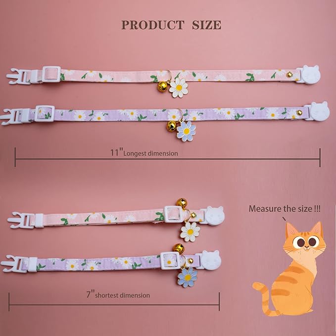 2 Pack Cotton Breakaway Cat Collars with Bell Flower Pendant Kitty Kitten Collars Pink Purple Collar for Female Girl Cats Male Boy Cats