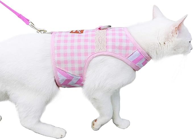 Cat Harness and Leash for Walking Escape Proof, Adjustable Cat Vest Harness, Padded Stylish Cat Walking Jackets, Pink Plaid, Extra Large