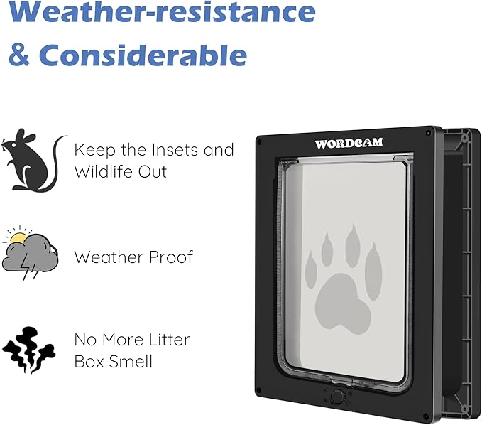Wordcam X-Large Cat Door, Strong Cat Door for Interior Exterior Doors, 4 Way Locking Pet Door for Cats Up to 25lbs, Cat Flap for Kitten Doggies, Easy Installation, Weatherproof (Black,XL)