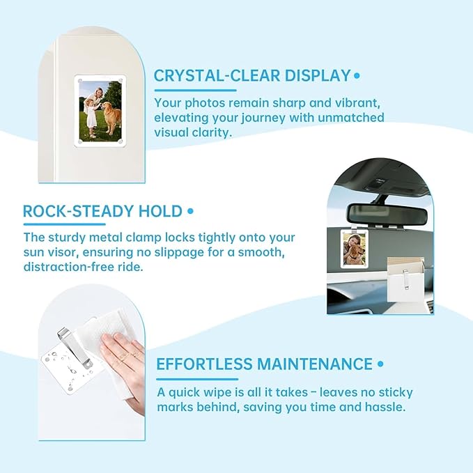 2 Pack Magnetic Car Visor Photo Holder – Personalized Acrylic Clip for Family, Pets, Travel Pictures – Easy Snap-On Car Accessory for Sun Visor (2 Pack, 3''x3.5'')