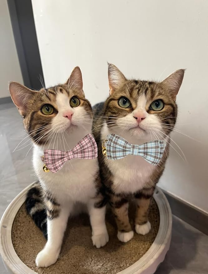 2 Pack Soft Cotton Cat Collars with Bowtie and Bell Breakaway Plaid Cat Kitten Collar(Pink and Jade Green)