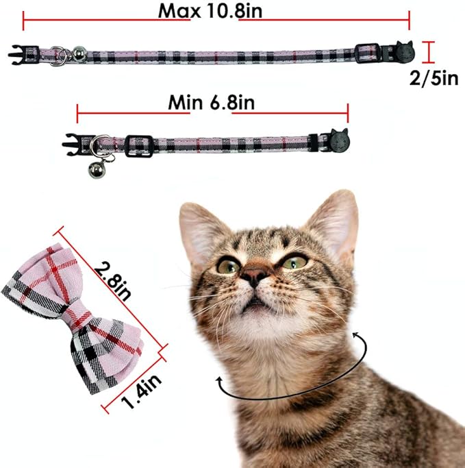 Cat Collar Breakaway with Bell and Bow Tie, Plaid Design Adjustable Safety Kitty Kitten Collars Set of 2 PCS(6.8-10.8in) (Pink&Cyan Plaid)