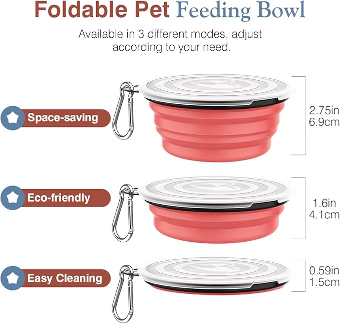 Pawaboo Collapsible Dog Bowls 2 Pack, Silicone Feeding Watering Bowls with Lids & Carabiners for Dogs Cats, Portable Water Feeder Food Bowl for Walking Traveling Home Use, 1000ml, Light Pink + Blue
