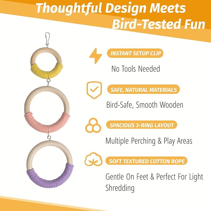 3-Ring Bird Wooden Swing Climbing Toy Chewable Cotton Rope Perch for Cage Cockatiels Budgies Parakeets Lovebirds
