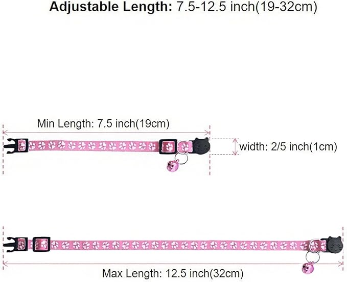 6 Pack Breakaway Cat Collar with Bells, Claw Print Design, Safety Buckle Kitten Collars, 0.4 Inches Width Lightweight, Adjustable 7.5-12.5 Inches Suitable for Girl Boy Cats