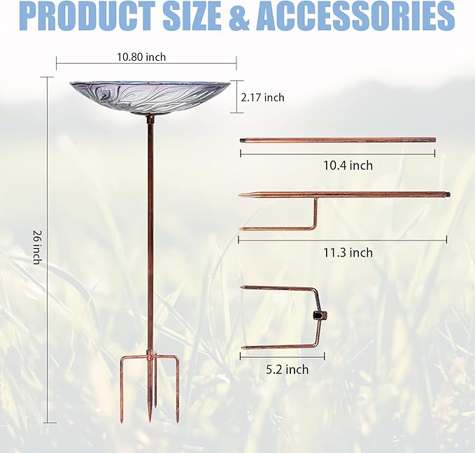 VCUTEKA Glass Bird Bath Outdoor BirdBath Garden Bird Feeder with Metal Stake