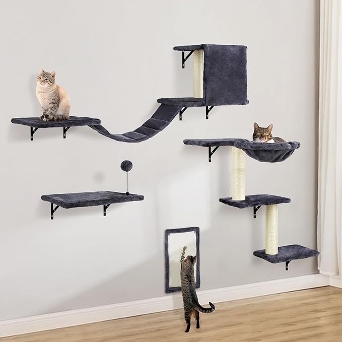 Cat Wall Shelves, Multi-Level Cat Climbing Furniture, Space-Saving Wall-Mounted Cat Climber Set with Perches,Bridge,Hammock,Scratching Board & Ball for Indoor Cat Play (Dark Grey)