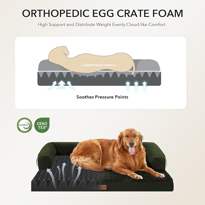 Orthopedic Dog Beds for Large Sized Dogs, Waterproof Egg Crate Foam Large Dog Couch Beds with Comfy Bolster 36x27Inch, Washable Pet Beds with Removable Cover and Nonskid Bottom, Olive Green