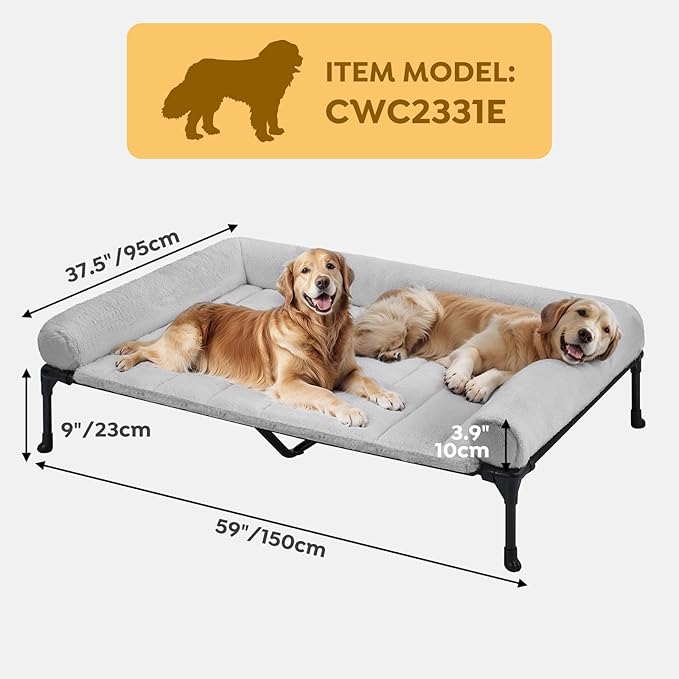 Veehoo Orthopedic Elevated Dog Bed with Fluffy Plush Bolster Cushion, Indoor Raised Dog Beds for Large Dogs, Soft Pet Sofa Cot with Removable Washable Mat, No-Slip Feet, 59 x 37 inches, Grey