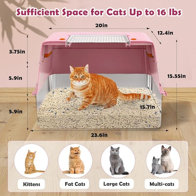 Vivifying Pink Stainless Steel Covered Cat Litter Box – Odor-Control, Easy-Clean Modular Enclosed Kitty Toilet, Elegant Design for Stylish Cat Moms