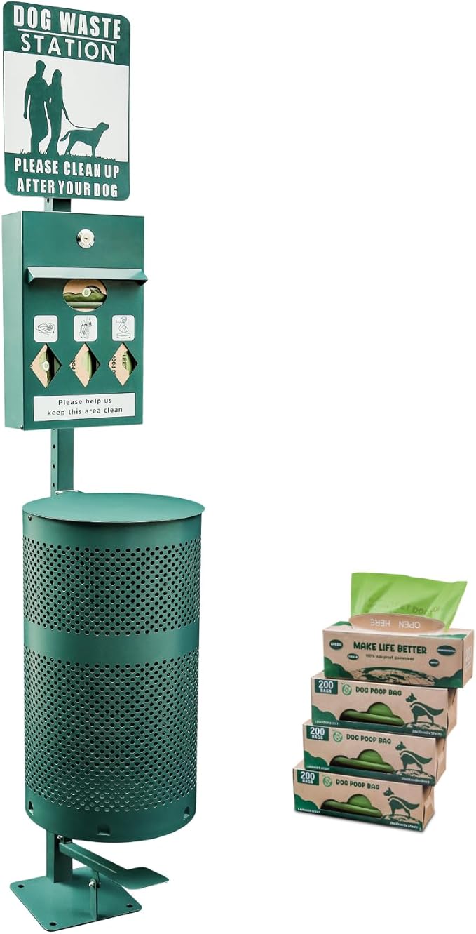 Hands-Free Dog Waste Station Outdoor with Pedal - Dog Waste Disposal System & Bag Dispenser for Park & Trails - Rust Proof Doggie Station - Night Glowing Sign | 800 Pet Waste Bags & 100 Can Liners