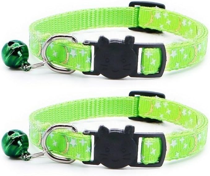 Reflective Cat Collars Breakaway with Bell 2-Pack Girl Boy Pet Kitten Collar with Star Moon Patetrn Adjustable 7.5-12.5 Inch (Green)