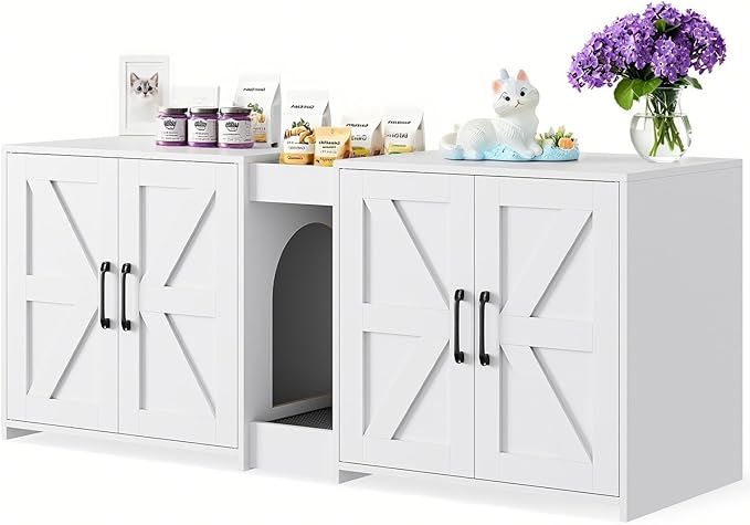 Cat Litter Box Enclosure Furniture - Hidden Litter Box Double Cabinet with Scratch Pad & Cats Bed | Farmhouse Style End Table for Cats | Discreet Cat Washroom for Living Room & Bedroom White
