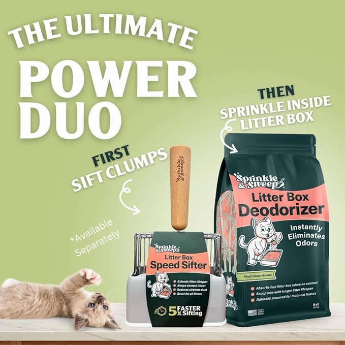 Sprinkle & Sweep Litter Box Deodorizer - Cat Litter Deodorizer Non Toxic and Safe for Kittens - Instantly Eliminates Foul Smells and Urine Odors (1 Bag + Speed Sifter)