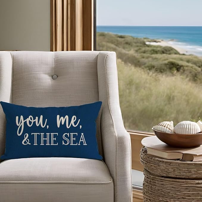 PANDICORN Summer Beach Throw Pillow Cover 12x20 Inch Sayings You Me and The Sea Ocean Sea Coastal Blue Outdoor Nautical Decorations Lumbar Decorative Cushion Case for Home Living Room Sofa Couch Decor