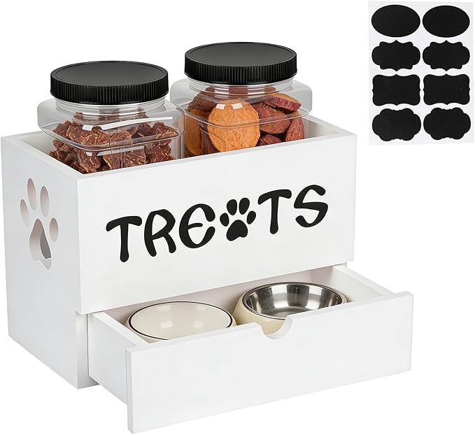 Dog Treat Jar for Countertop, 9.8 * 5.1 * 6'' 2 Layer Dog Treat Container with Drawer 2Jars and Sticker Wooden Pet Food Organizer Storage Basket For Pets Great Gift for Pets' Owners (White)
