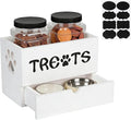 Dog Treat Jar for Countertop, 9.8 * 5.1 * 6'' 2 Layer Dog Treat Container with Drawer 2Jars and Sticker Wooden Pet Food Organizer Storage Basket For Pets Great Gift for Pets' Owners (White)