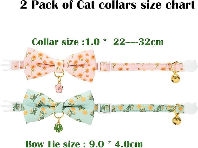 2 Pack Cat Collars, Removable Bowtie, Floral Pattern, Safety Breakaway Clasp, Adjustable for Cats.(Adult Cat,Mint Green and Lt Pink with Floral)