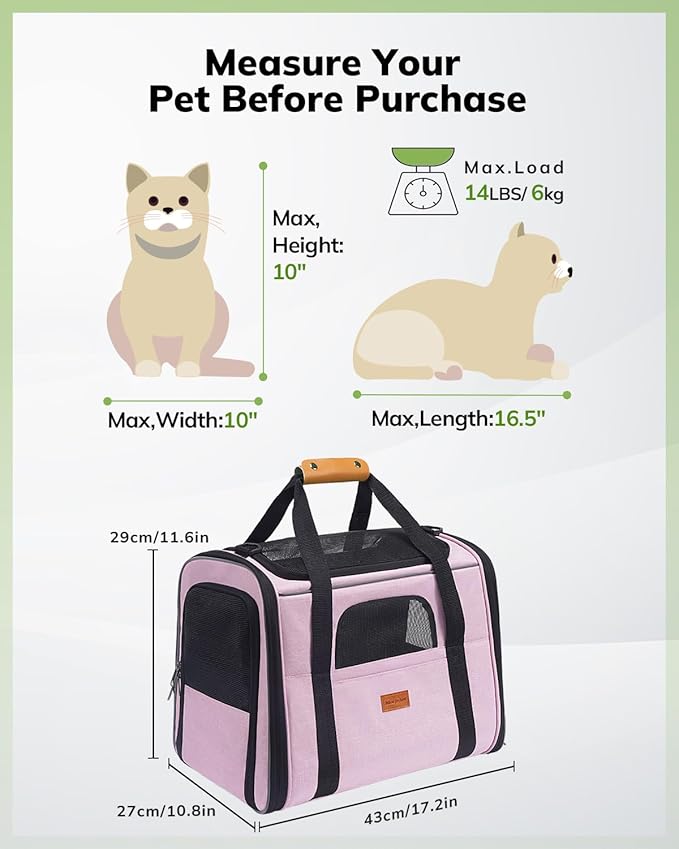 Morpilot Portable Cat Carrier - Soft Cat Carrier for Medium Cats and Puppy up to 15lbs,with Dual-Sided Cushion, Secure Buckle and Foldable Bowl, Dog Carriers for Small Dogs - Pet Carrier (Pink)