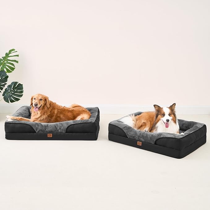 EHEYCIGA Orthopedic XL Dog Bed for Large Sized Dog, 42x30x7.5 Inch Extra Large Memory Foam Dog Couch Bed with Sides, Waterproof Liner & Washable Removable Cover, Bolster Pet Sofa, Grey/Black