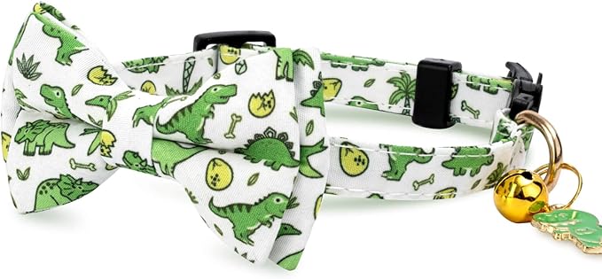 2 Pack Cotton Cat Collar with Bow Tie and Bell for Male Female Cats,Soft Fancy Breakaway Kitty Kitten Collar with Ghost& Pumpkin Patterned Design for Boy Girl Cats. (Dinosaur)