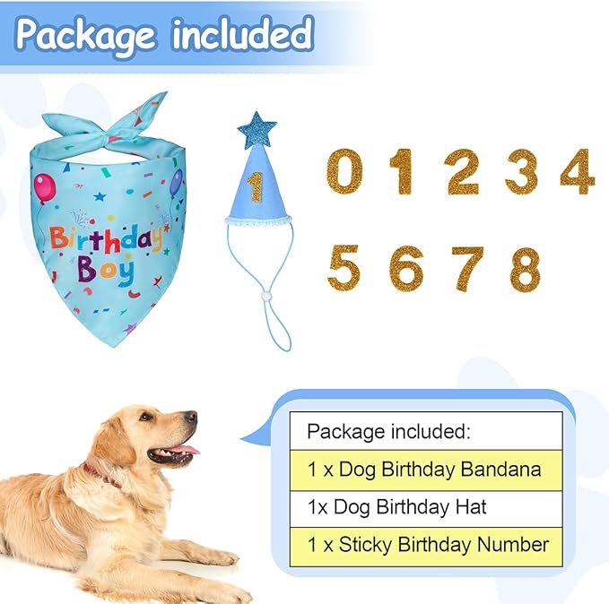 Dog Birthday Party Supplies, Dog Birthday Bandana Set, Dog Boy Girl Birthday Party Hat with Numbers for Large Medium Small Dogs Pet (Blue)