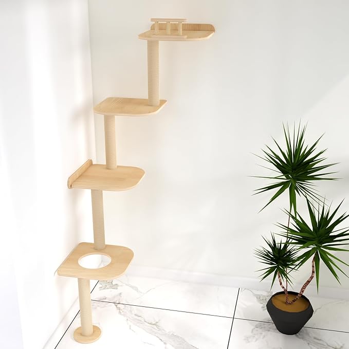 Wall-Mounted Tall Cat Tree Cat Scratching Post, Space Saving Floor to Ceiling Cat Tower, Natural Wood Wall Shelves, Corner cat Jumping Platform cat Bed,Suitable for Large Cats-63