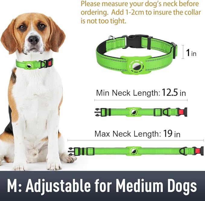 Airtag Dog Collar with AirTag Holder for Medium Dogs, Reflective, Soft Padded & Safety Locking Buckle, Nylon Pet Collars Adjustable for All Breeds, Green,M