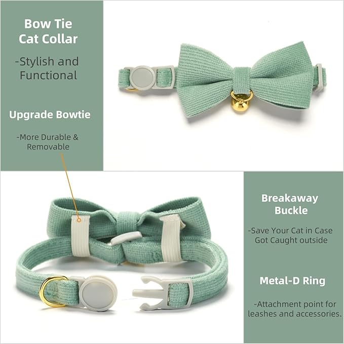 Soft Corduroy Cat Collar with Bell and Bowtie, Safety Breakaway Clasp, Adjustable for Kitten and Cats Grass Green Color.
