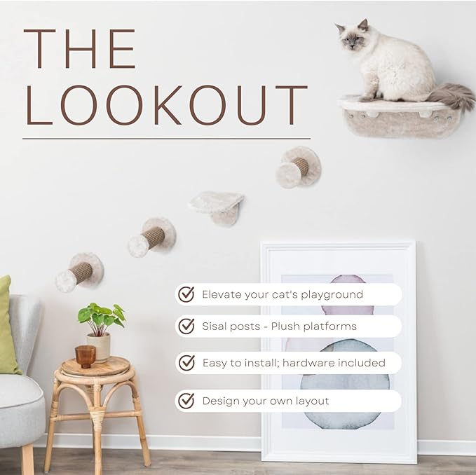Trixie Wall Mounted Cat Lookout Set – Climbing Shelves with Sisal Steps & Plush Platforms – Wall-Mounted Cat Shelves for Scratching & Lounging – Light Gray-Greige, 12.75 x 18.75 x 6.25 in