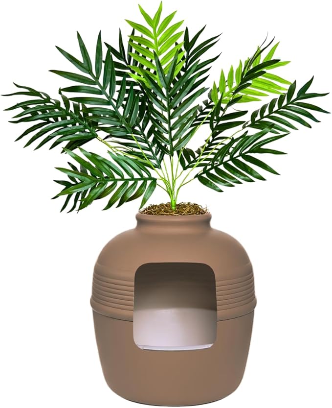 Good Pet Stuff Hidden Litter Box Planter, Decorative Cat Litter Enclosure with Carbon Filter, Artificial Plant, Easy Clean, Removable Liner, Round Style, Essentials Kit, Chestnut Brown