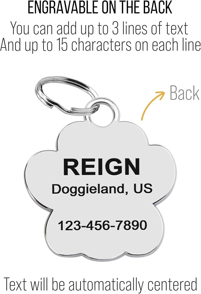 Paw Shape Dog ID Tag Stainless Steel Custom Laser Engraved, Cute Bling Glitter Pet Name Tags Personalized with Durable Engraving (Silver Sparkly Paw)