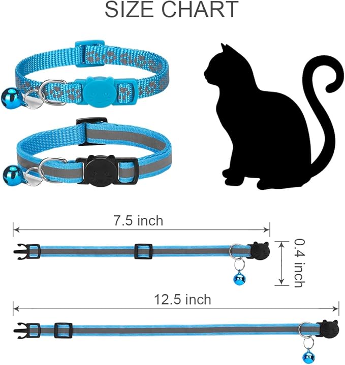 2 Pack Cat Collar with Bells, Reflective Collars for Cats with Breakaway Safety Buckle, Nylon, 7-12 Inch Adjustable, Blue