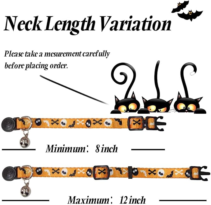 azuza 4 Pack Halloween Kitten Collars Breakaway with Bells, Adjustable Cat Collars with Safety Buckle,Adjustable from 6"-8", Skull and Crossbones,Ghosts, Spider and Pumpkin Prints