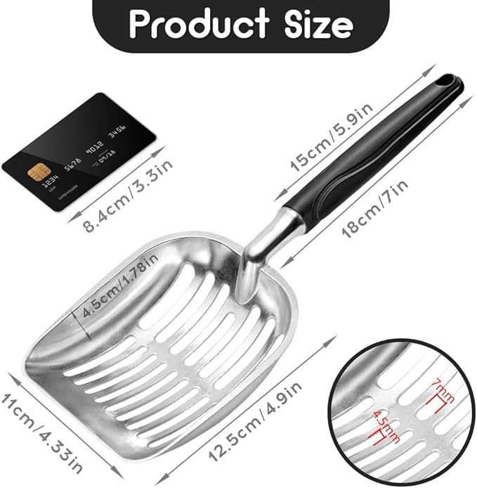 Cat Litter Scoop, Metal Cat Scooper, Plastic Handle Scoop, Sifting Shovel – Heavy Duty Aluminum Alloy Litter Box Scoop with Deep Mesh, Design for Easy Waste Removal and Cleaning, (Black)