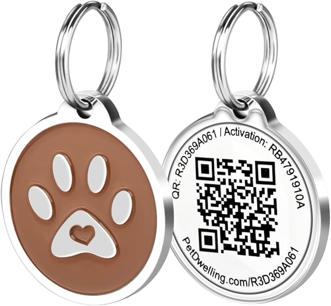 Pet Dwelling QR Code Pet ID Tag – Smart Dog & Cat ID Tags for Pet Safety, Free Personalized Online Profile, Instant Scan Alerts, AI Insights (Brown Paw)