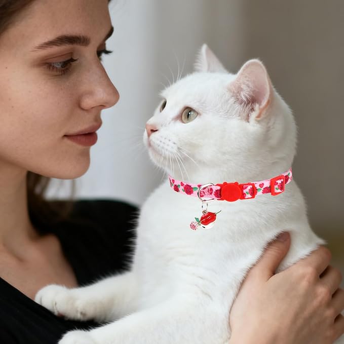 PUPTECK Breakaway Cute Cat Collar with Bell Charm for Kitty, 2 Packs Adjustable Kitten Collars Rose and Love Pattern, Red Pink Heart, 7.8-11.8 in