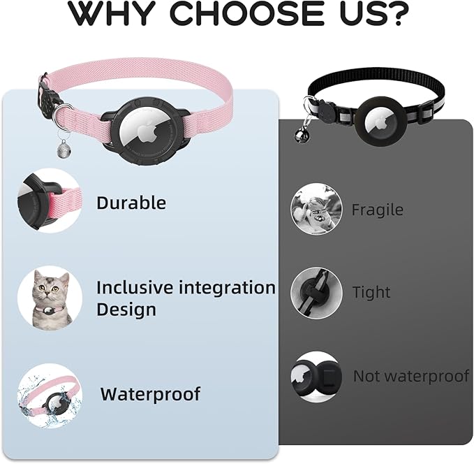 AirTag Cat Collars, Stretchy Collar with Apple AirTag Holder and Bell, Breakaway Ultra Design Elastic GPS Tracking Collars for Cats and Puppies, (7.5-12.5 Inch), Pink