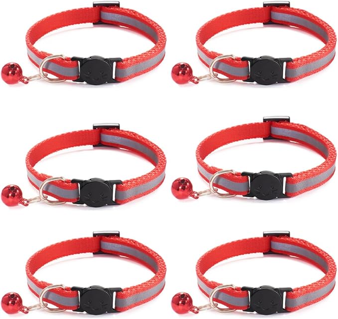 6 Pack Reflective Cat Collar with Bell, Breakaway and Safe Collars for Cats, Nylon, Pet Collar Mixed Colors Adjustable19-32cm (Red)
