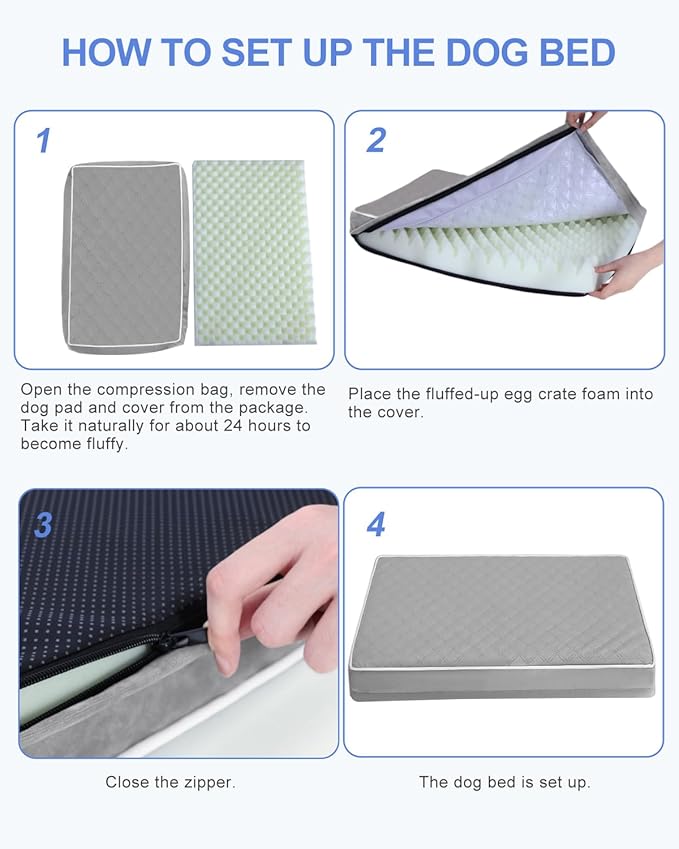 KSIIA Orthopedic Dog Bed for Crate Large Dog Bed XL with Removable Machine Washable Cover Waterproof Crate Pad with Egg Foam and Non-Slip Bottom, 41x27 Inch, Light Gray
