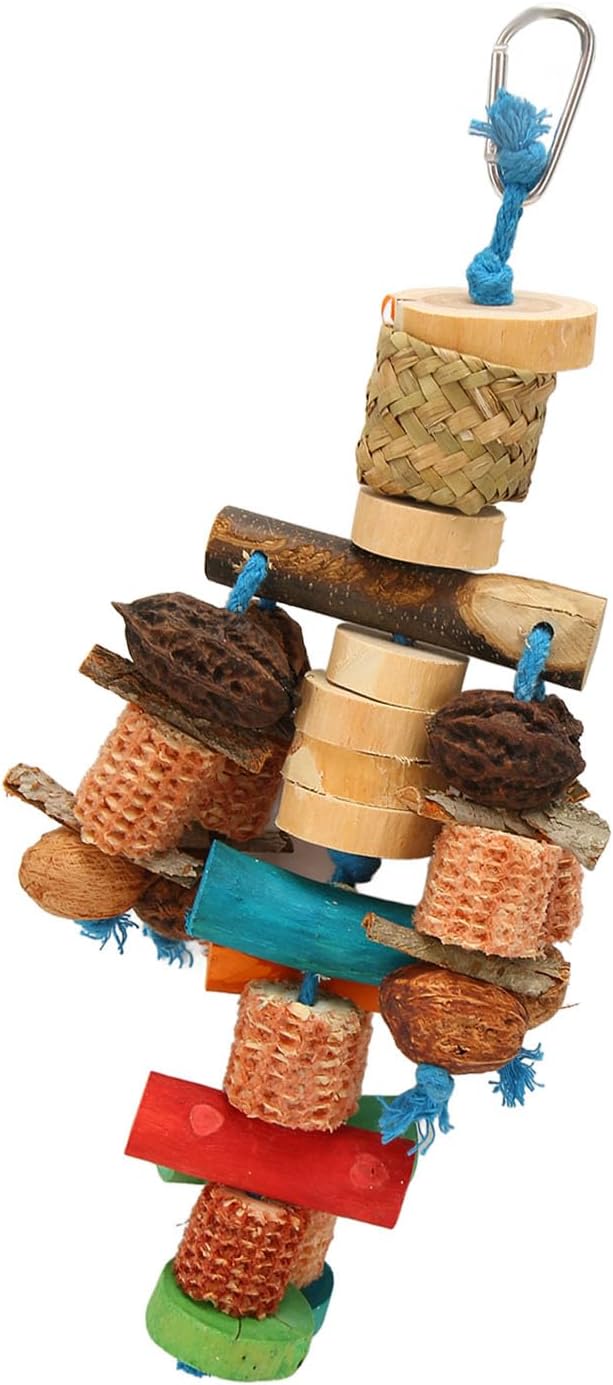 Parrot Chew Toy, Wood, Corn Cob and Nut, Non Edible Coloring, Beak Health, Foraging Toy for Macaws, Conures, Amazons