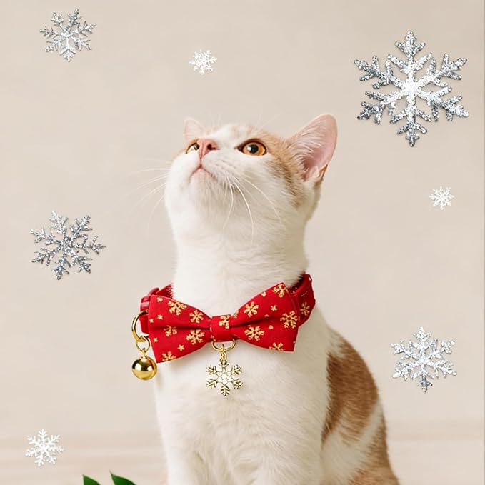 2 Pack Christmas Cat Collar with Bell and Bowtie,with Bling Snowflake Charm and Printing Pattern, Safety Breakaway Clasp, Adjustable for Kitten and Cats Green and Red.