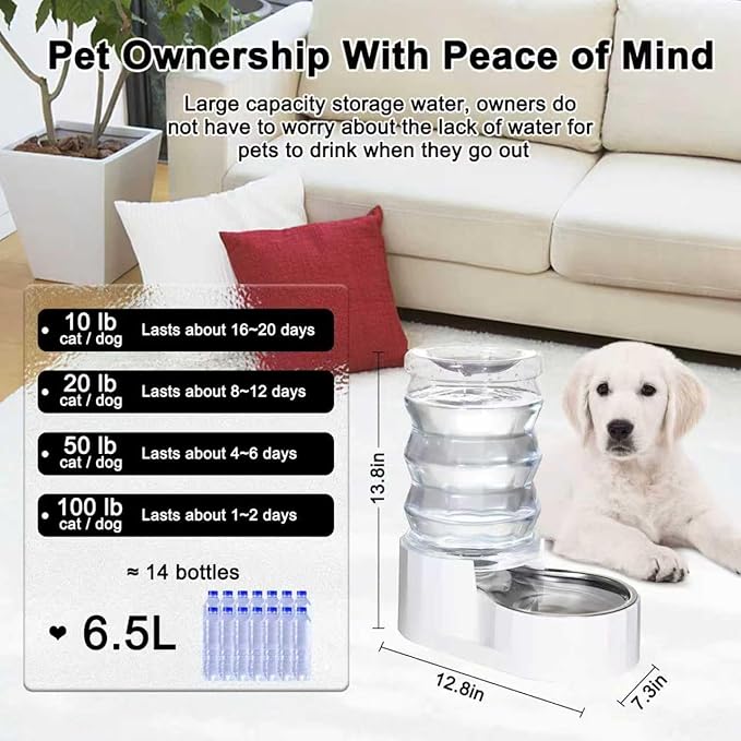 RIZZARI Automatic Gravity Pet Dispenser: 6.5L Large Capacity -No Power Needed -Stainless Steel with Triple Filter & Brush for Medium Dogs -Multiple Pets - Busy Pet Owners - Living Room -Kennel