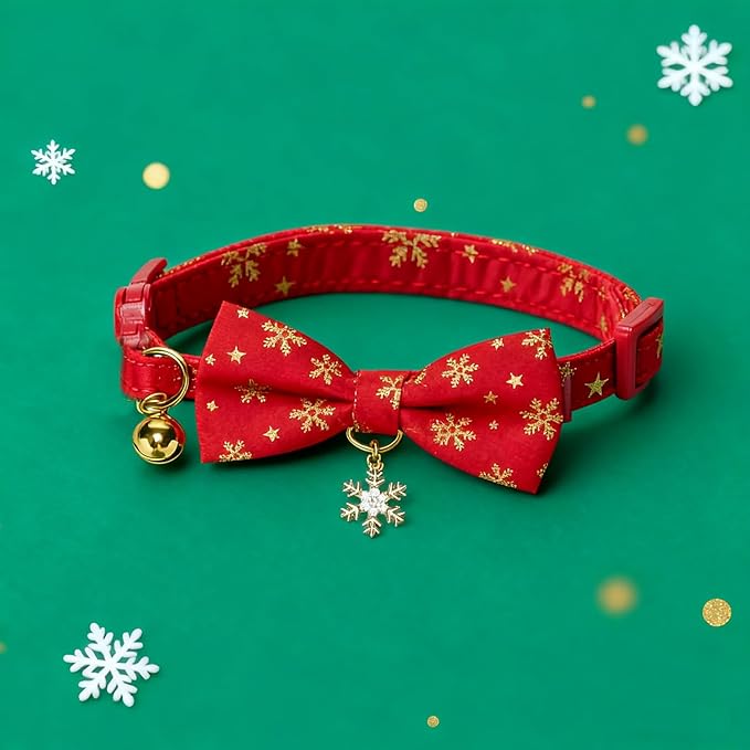 Christmas Cat Collar 2 Pack Cotton Bowtie Cat Collars Glittery Snowflakes Cute Kitten Collar(Red+Green)