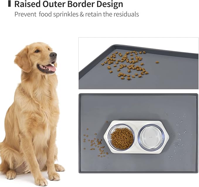 Dog Food Mat,Silicone Waterproof Food Tray,Non Slip Pet Bowl Mats Placemat,0.6" Raised Edge,Suitable for Most Small and Medium Sized Pets,18.5" x 11.5"