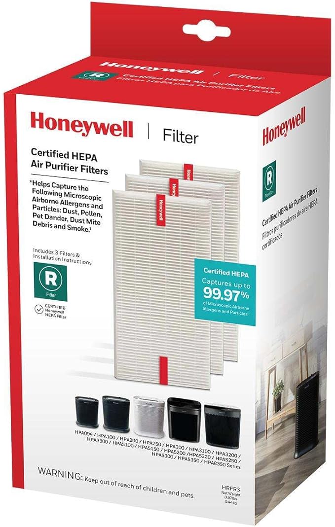 Honeywell HEPA Air Purifier Filter R, 3-Pack for HPA 100/200/300, 3000 and 5000 Series - Airborne Allergen Air Filter Replacement Targets Wildfire/Smoke, Pollen, Pet Dander, and Dust