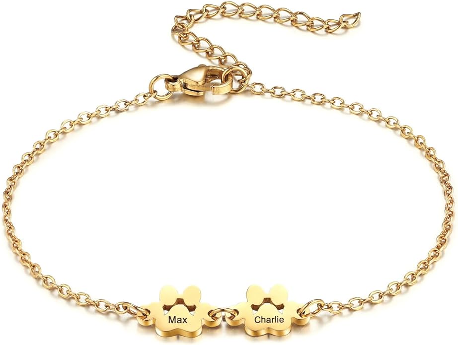 MeMeDIY Personalized Paw Print Bracelet for Women Engraved 1-5 Names Dog Cat Pet Paw Bracelet Adjustable Chain Dog Jewelry Memorial Gifts for Pet Lovers