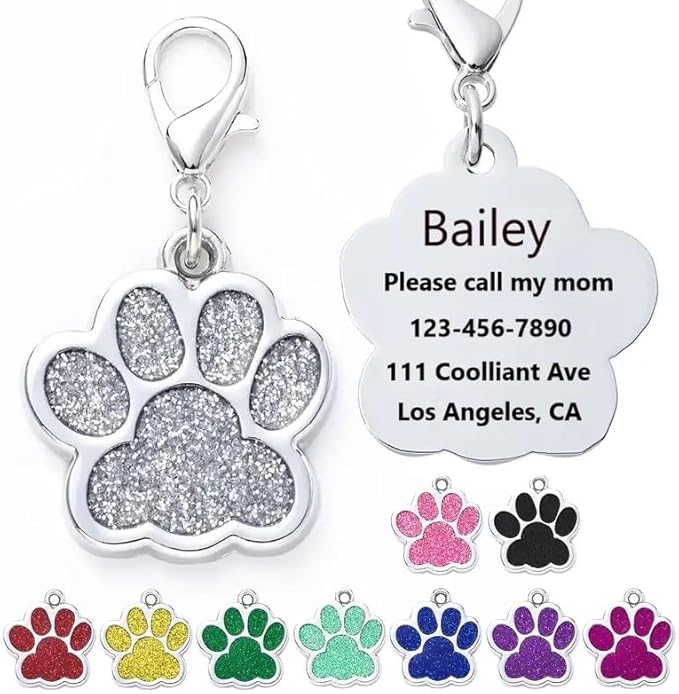 Cute Personalized Pet Name Tags for Cats/Dogs - Glitter Custom pet id tag, Dog id Tags Engraved for Pets, Customizable cat tag, pet Collar Charms, Dog Name tag (Paw-Shaped-Small: Red)