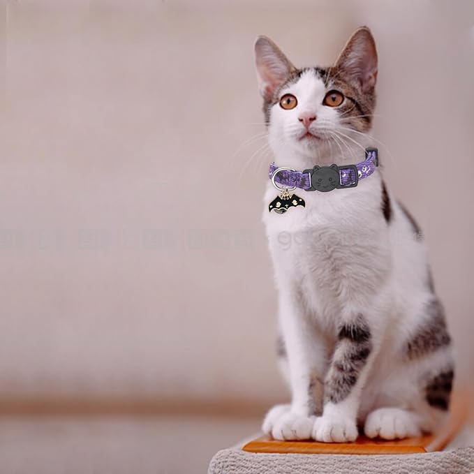 Halloween Cat Collar, Cotton 2 Pack Cat Collar with Bells, Breakaway Collars for Girl Boy Cats Kittens, Halloween Purple
